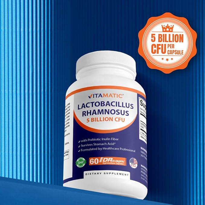 Vitamatic Lactobacillus Rhamnosus 5 Billion per DR Capsule (10 Billion Per 2 Capsules) - 60 Count - Advanced Digestive & Immune Support - Made with Prebiotic Inulin Fiber
