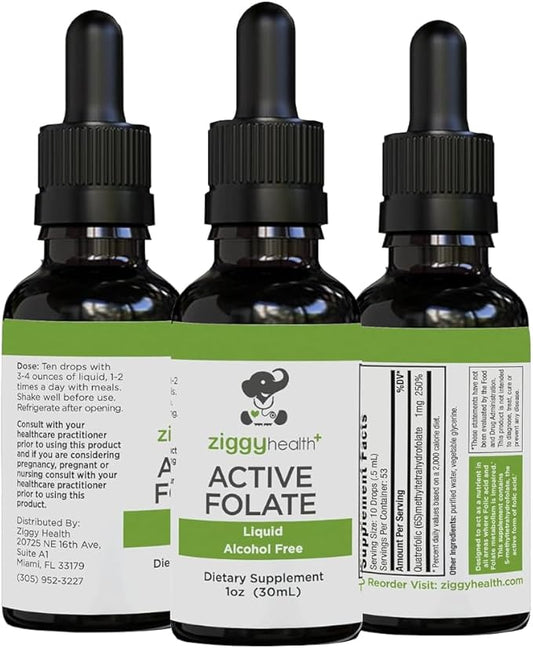 Active Folate Pure Liquid Extract Supplement - L-Methylfolate for Better Absorption, Brain Health, Improve Cellular Function, Support Immune System, Water Soluble B Complex, 1oz - by Ziggy Health