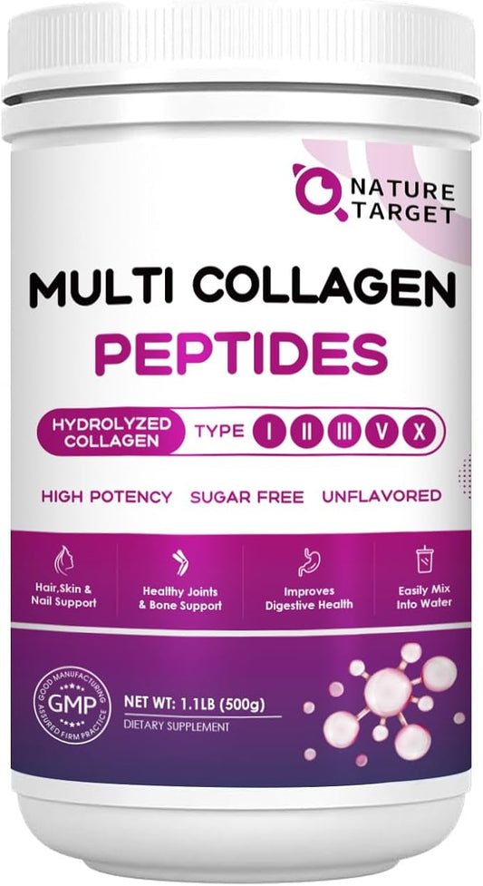 NATURE TARGET Multi Collagen Peptides Powder - Type I, II, III, V, X - Hydrolyzed Collagen Peptides with Vitamin C Hyaluronic Acid, Supports Skin Hair Nail & Joint, Grass-Fed, Non-GMO, 50 Servings