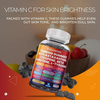 Sugar Free Tanning Gummies Glowing Skin and Strong Nails Gummies – Hydration, Collagen, Biotin, Vitamin C, Anti-Aging, UV Protection, and Natural Glow for Healthy Skin, Nails, and Radiant Complexion