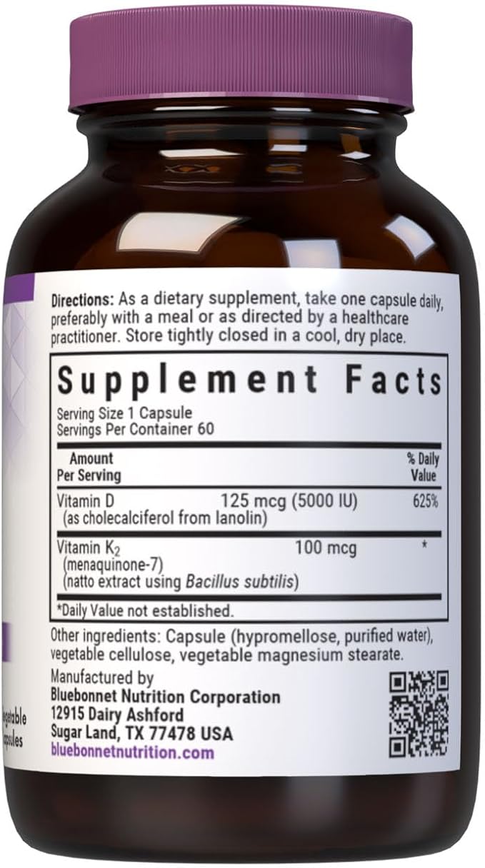 Bluebonnet Nutrition Vitamin D3 & K2, Soy-Free, for Strong-Healthy Bones*, Gluten-Free, Non-GMO, Dairy-Free, Kosher Certified, Vegetarian, 60 Vegetable Capsules, 60 Servings