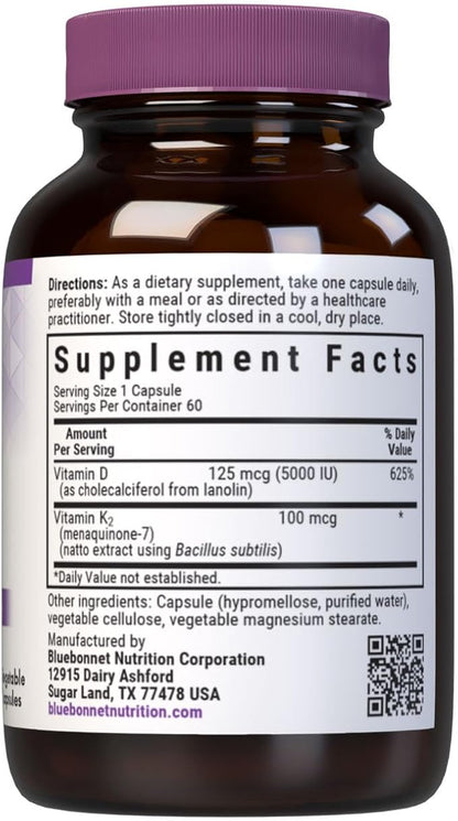 Bluebonnet Nutrition Vitamin D3 & K2, Soy-Free, for Strong-Healthy Bones*, Gluten-Free, Non-GMO, Dairy-Free, Kosher Certified, Vegetarian, 60 Vegetable Capsules, 60 Servings