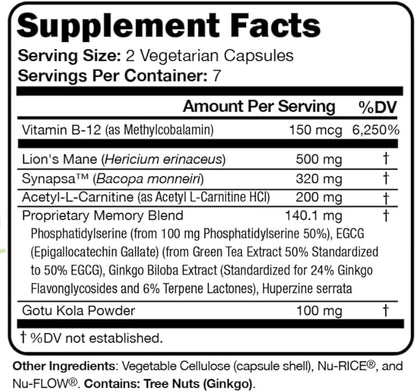 Suzy Cohen Memory Script with Lions Mane, Phosphatidylserine, Green Tea Extract and Ginkgo - Brain Support Supplement for Focus - Nootropic Capsules for Cognition, Faster Recall and Mood