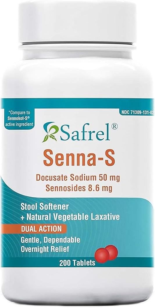 Safrel Senna-S (200 Tablets) Dual Action Natural Vegetable Laxative Stool Softener | Relieves Constipation, Gas, Bloating | Gentle on Stomach | Safe Digestive Support (Generic Senokot-S) | Value Pack