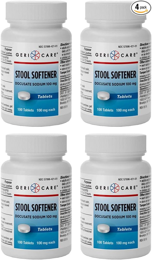 GeriCare Docusate Sodium Stool Softeners, Best Stool Softener for Daily use for Women, Men, and Elderly - Ideal for Constipation Relief 100mg Crushable Tablets. (100 Count) Made in the USA (Pack of 4)