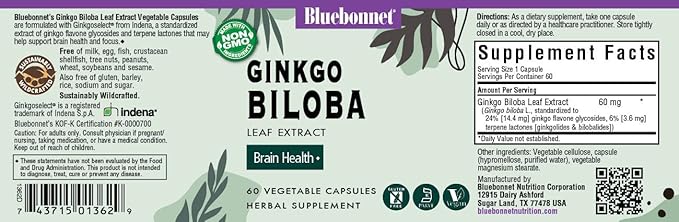 BlueBonnet Ginkgo Biloba Leaf Extract Supplement, 60 Count