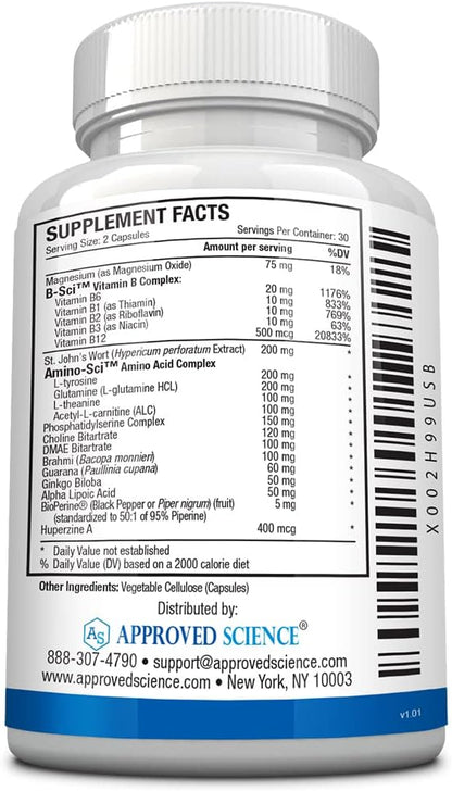 Approved Science Neurexil - Natural Nootropic Support with DMAE - Enhance Brain Function, Sharpen Clarity, Boost Memory - L-Tyrosine, Ginkgo Biloba, Huperzine A, BioPerine - 6 Month Supply