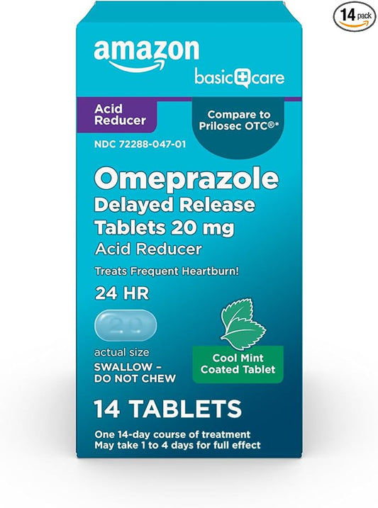Amazon Basic Care Omeprazole Delayed Release Tablets 20 mg, Cool Mint, Acid Reducer, Treats Frequent Heartburn, 14 Count