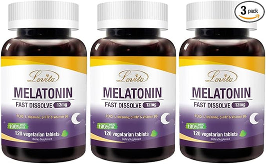 Lovita Melatonin 12mg Fast Dissolve | Natural Sleep Aid | 100% Drug-Free | 120 Vegetarian Tablets (Pack of 3)
