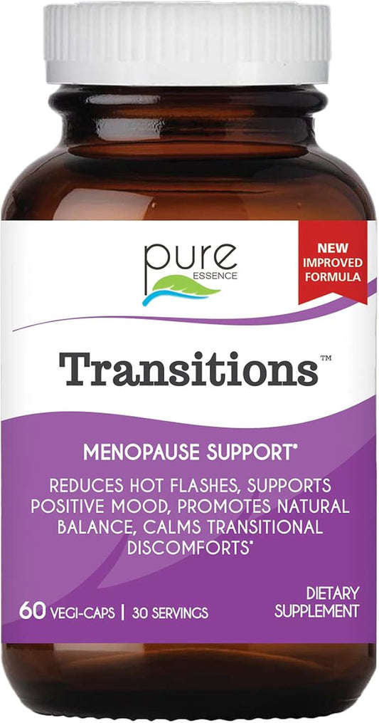 PURE ESSENCE LABS Transitions Vitamins for Women, Natural Menopause Relief Supplement to Promote Hormone Balance, Reduce Hot Flashes, Mood Swings & Night Sweats, 60 Capsules