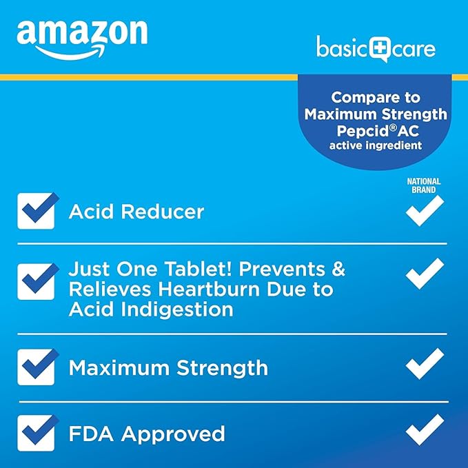 Amazon Basic Care Maximum Strength Famotidine Tablets Acid Reducer for Heartburn Relief, 20 mg, 400 Count Pack
