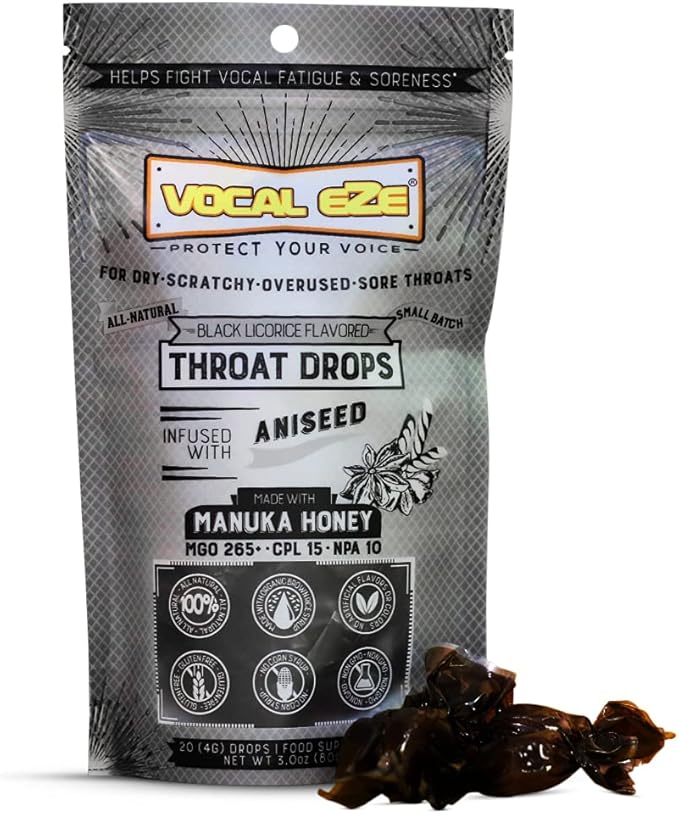 Vocal Eze Manuka Honey Aniseed UMF 10+ (MGO 265+) Menthol-Free Cough Drops (20) | Lozenges to Relieve Sore, Hoarse, Fatigue, Dryness of Throat | Voice Support, All Natural and Organic Ingredients
