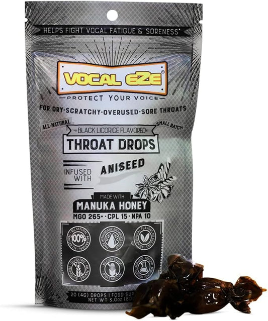 Vocal Eze Manuka Honey Aniseed UMF 10+ (MGO 265+) Menthol-Free Cough Drops (20) | Lozenges to Relieve Sore, Hoarse, Fatigue, Dryness of Throat | Voice Support, All Natural and Organic Ingredients