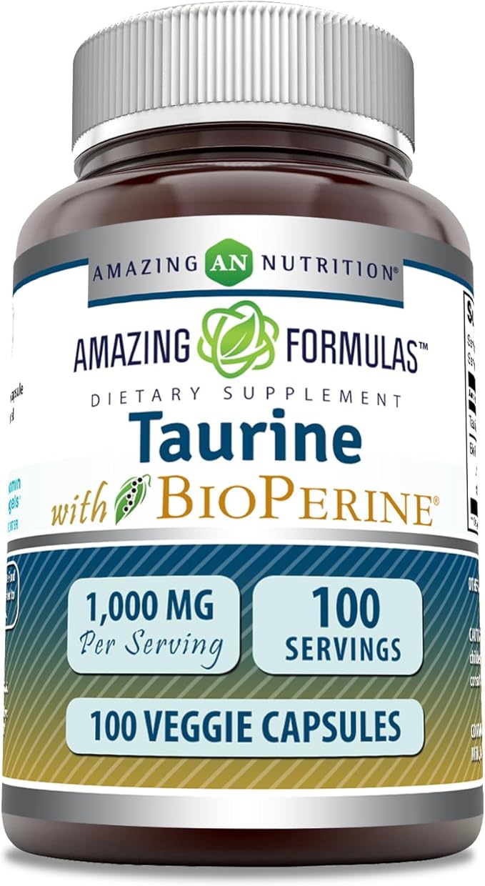 Amazing Formulas Taurine with Bioperine Supplement | 1000 Mg Per Serving | 100 Veggie Capsules | Non-GMO | Gluten Free | Made in USA