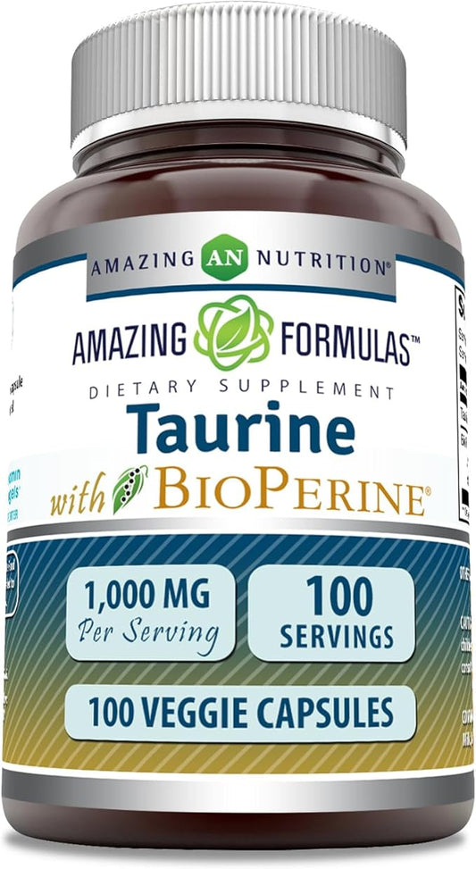 Amazing Formulas Taurine with Bioperine Supplement | 1000 Mg Per Serving | 100 Veggie Capsules | Non-GMO | Gluten Free | Made in USA