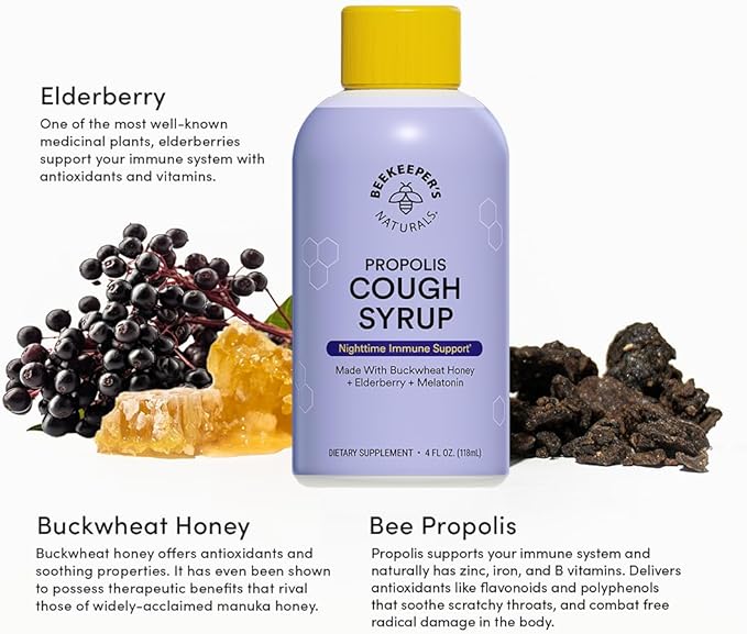 BEEKEEPER’S NATURALS B.Better Nighttime Cough Syrup for Adults - Elderberry Extract, Bee Propolis Extract, Buckwheat Honey - Immune Support, 4 oz
