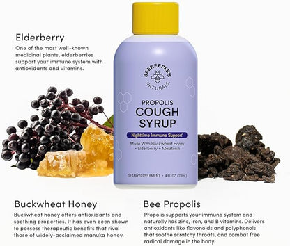 BEEKEEPER’S NATURALS B.Better Nighttime Cough Syrup for Adults - Elderberry Extract, Bee Propolis Extract, Buckwheat Honey - Immune Support, 4 oz