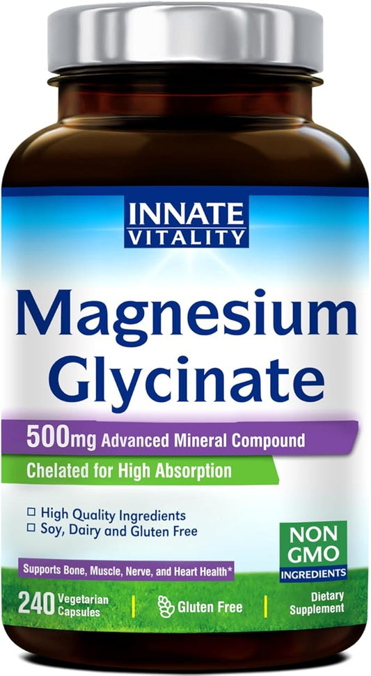 Innate Vitality Magnesium Glycinate 500mg | 70mg Elemental Magnesium Supplement- High Absorption, Non Buffered, Non-GMO & No Gluten - Nerve, Muscle, Bone & Heart Health - 240 Caps, 8 Month Supply
