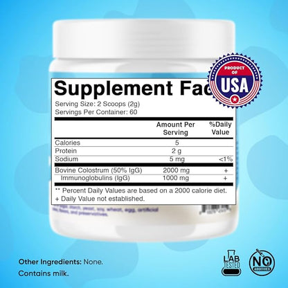 Vitamatic Bovine Colostrum Powder - 50% Highest IgG - Supplement for Gut Health, Hair Growth, Beauty, Muscle Recovery, & Immune Support - Easy to Mix - Unflavored - 60 Servings