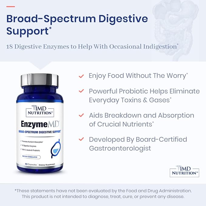 1MD Nutrition EnzymeMD - Digestive Enzymes Supplement - Doctor Formulated | 18 Plant-Based Enzymes - Gas & Bloating Support | 120 Capsules (2-Pack)