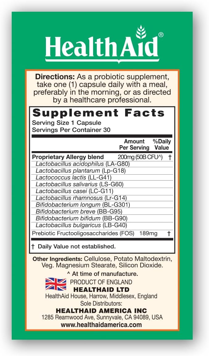 AllergyProbio, 50 Billion CFU Vegan Probiotic with Prebiotic, 30 Capsules, Once Daily Seasonal Allergy Support