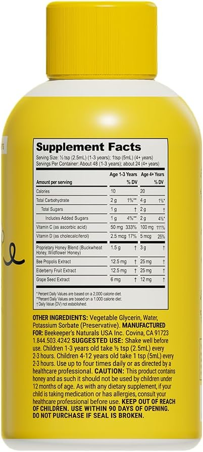 Beekeeper's Naturals Propolis Honey Cough Syrup Daytime for Kids Immune Support with Elderberry, Vitamin C, Vitamin D & Raw Honey - Throat Soothing - Gluten Free & Clean Ingredients, 4 oz.