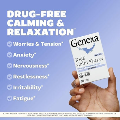 Genexa Kid's Calm Keeper Stress Relief for Kids | Reduces Fatigue & Eases Tension | Soothing Natural Vanilla & Lavender Flavor | Certified Vegan, Gluten Free, & Non-GMO | 180 Chewable Tablets (3 Pack)