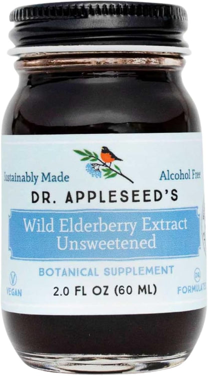 Dr. Appleseed's Wild Elderberry Extract Unsweetened Max Strength 720mg Kids + Adults Daily Immune Supplement Doctor- Formulated Science-Backed Pure Vegan 25 Day Supply – 2 Fl Oz