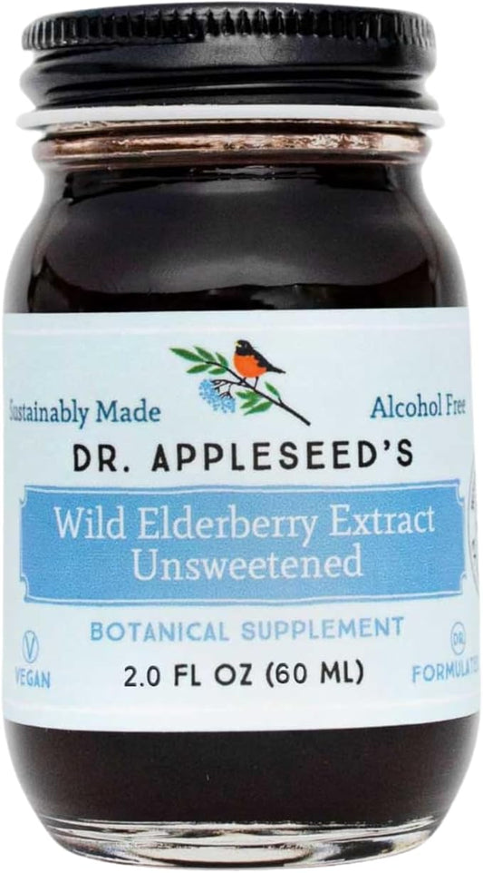Dr. Appleseed's Wild Elderberry Extract Unsweetened Max Strength 720mg Kids + Adults Daily Immune Supplement Doctor- Formulated Science-Backed Pure Vegan 25 Day Supply – 2 Fl Oz