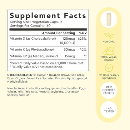 Alaya Naturals Vitamin D3 K2 Supplement – 5000 IU D3, 50 mcg K1, 15 mcg K2 MK-7 – High Absorption Capsules for Bone & Immune Support, Non-GMO, Vegetarian Capsules 60 Count