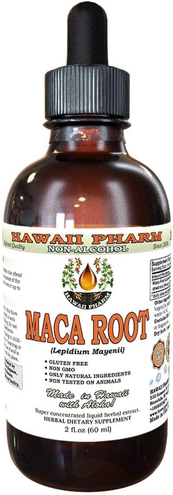 Hawaii Pharm Maca Root Alcohol-Free Liquid Extract, Organic Maca (Lepidium Meyenii) Whole Dried Plant Glycerite Natural Herbal Supplement, USA 2oz