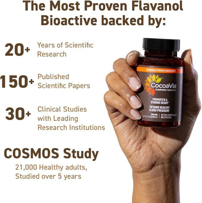 CocoaVia Cardio Health Supplement, 30 Day, 500mg Cocoa Flavanols, Support Heart Health, Boost Nitric Oxide, Blood Circulation, Energy, Vegan, Dark Chocolate, 60 Capsules