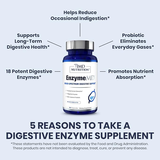 1MD Nutrition EnzymeMD - Digestive Enzymes Supplement - Doctor Formulated | 18 Plant-Based Enzymes - Gas & Bloating Support | 120 Capsules (2-Pack)