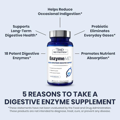 1MD Nutrition EnzymeMD - Digestive Enzymes Supplement - Doctor Formulated | 18 Plant-Based Enzymes - Gas & Bloating Support | 120 Capsules (2-Pack)