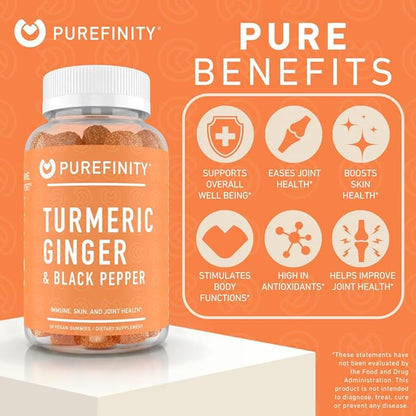 Turmeric and Ginger Supplement Gummies with Black Pepper, Joint Support Curcumin Chewables with Delicious Flavor – Gluten Free, Non-GMO, Vegan, 60 Count