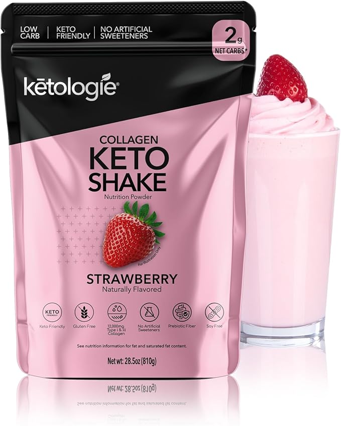 Keto Collagen Shake (Strawberry) - with Coconut Oil, Prebiotics, Grass Fed Hydrolyzed Collagen Peptides Type I & III, Low Carb, Gluten Free,1.78lbs.