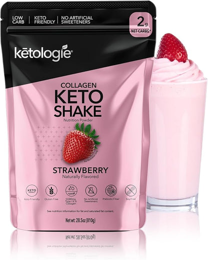 Keto Collagen Shake (Strawberry) - with Coconut Oil, Prebiotics, Grass Fed Hydrolyzed Collagen Peptides Type I & III, Low Carb, Gluten Free,1.78lbs.