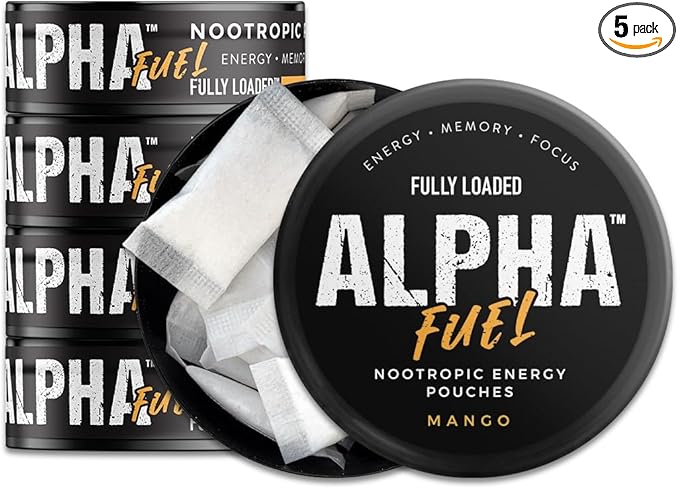 Fully Loaded Alpha Fuel Nootropic Pouches (Mango Fuel) - 5 cans, 15 Pouches per can - Energy Pouches containing Caffeine and nootropic Blend