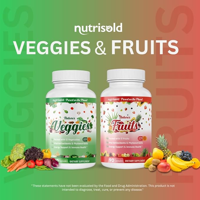 Whole Food Fruits & Vegetables Supplement – Superfood Blend for Energy, Digestion & Immune Support – 90 Fruit & 90 Veggie Capsules – Made in USA