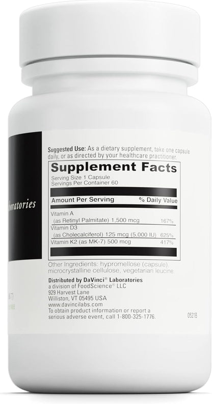 DaVinci Labs ADK - Helps Support Bone, Heart & Immune Health* - Dietary Supplement with Vitamins A, D3 & K2 (as MK-7) - Vegetarian, Gluten Free & Soy Free - 60 Capsules