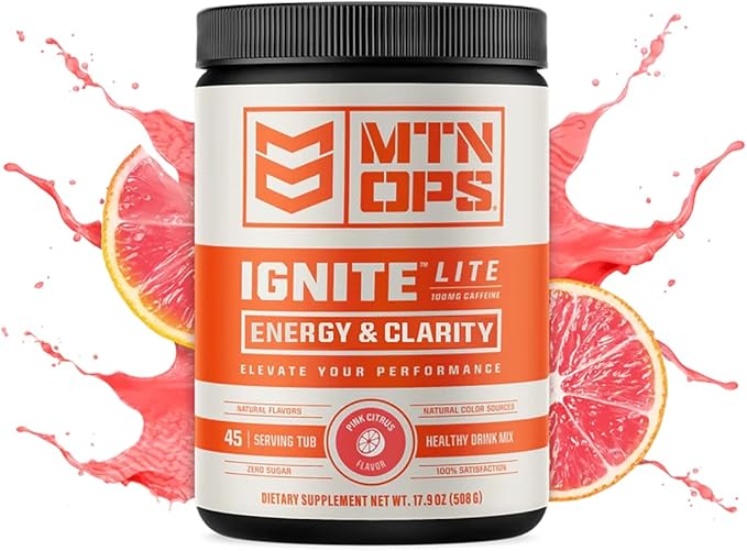 MTN OPS Ignite Lite Energy Drink Powder Gluten Free Nitric Oxide Supplement Drink Mix, L Arginine, L Citrulline, Caffeine & Nootropic Sugar Free Drink Mix, 45 Servings, Pink Citrus