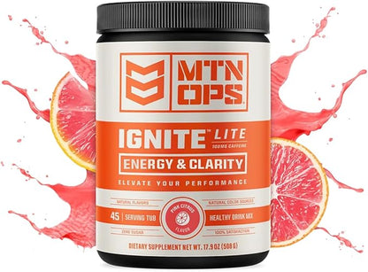 MTN OPS Ignite Lite Energy Drink Powder Gluten Free Nitric Oxide Supplement Drink Mix, L Arginine, L Citrulline, Caffeine & Nootropic Sugar Free Drink Mix, 45 Servings, Pink Citrus