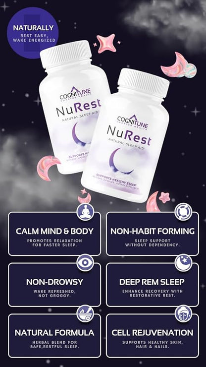 CogniTune Natural Sleep Supplement - Non Habit Forming Sleeping Pills, Non Drowsy Herbal Sleep Aid Formula w/Melatonin, Valerian Root, Lemon Balm, Chamomile, GABA, L-Theanine, Magnesium, Amino Acids