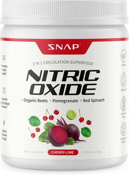 Snap Supplements Organic Beet Root Powder, Nitric Oxide Superfood Supplement with Beets, B Vitamins, Pomegranate & Red Spinach for Energy, Heart Health & Circulation Support, 30 Servings, Cherry Lime