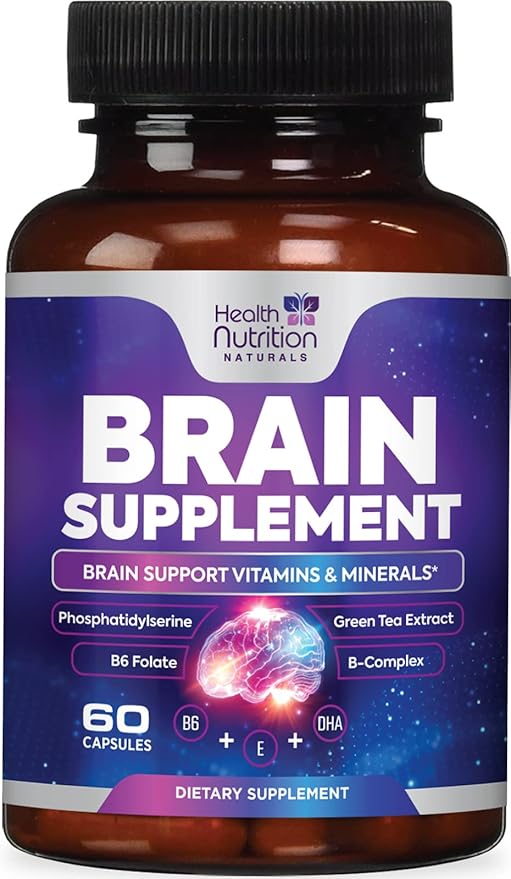 Brain Supplements for Memory and Focus - Extra Strength Nootropic Capsules for Concentration, Alertness, Cognitive Support - Phosphatidylserine, Brain Health Vitamins B6 C E Zinc - 60 Capsules