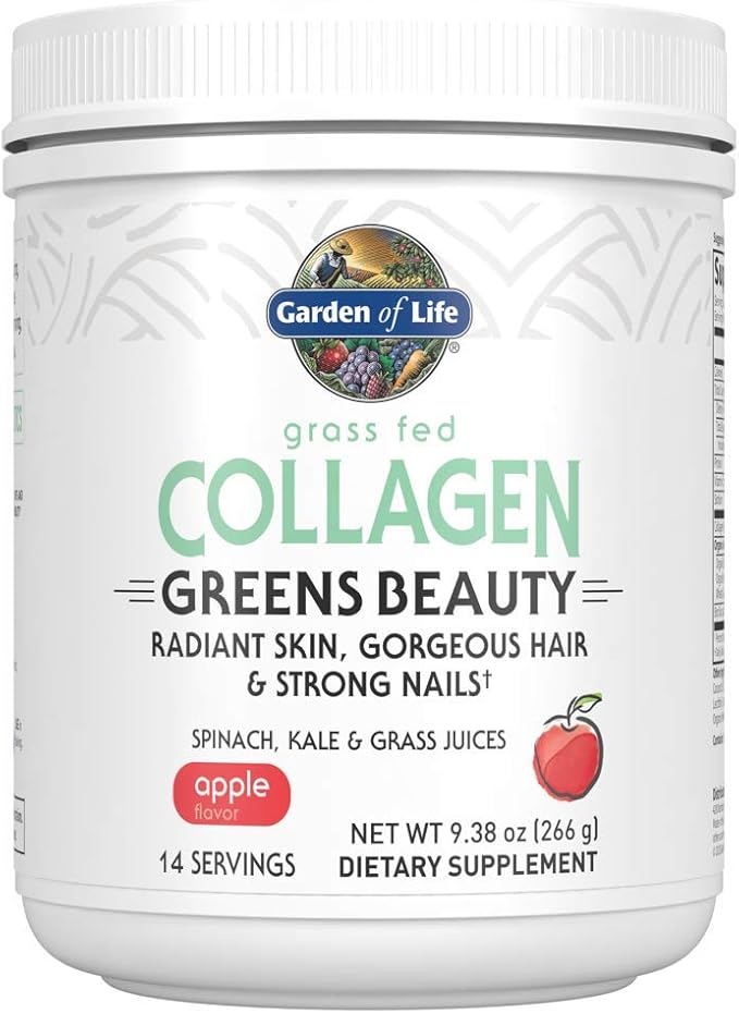 Garden of Life Grass Fed Collagen Greens Beauty Powder - Apple, 14 Servings, Collagen Powder for Women Skin Hair Nails Joints, Collagen Peptides Powder, Collagen Protein + Greens, Collagen Supplement