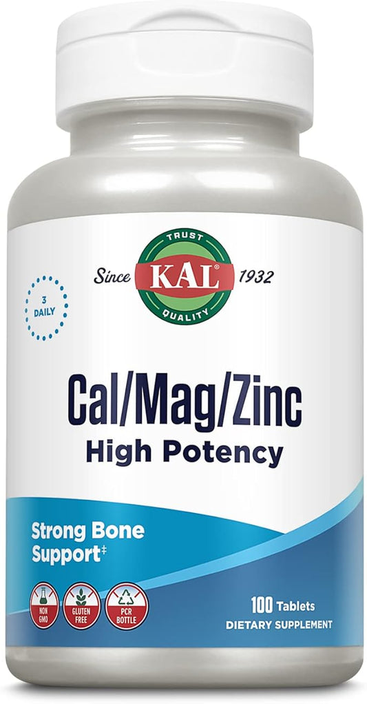 KAL Cal/Mag/Zinc | 1000mg Calcium, 400mg Magnesium & 15mg Zinc | Bone, Muscle, Heart & Immune Support | 100ct, 33 Serv