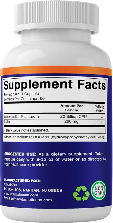 Vitamatic Lactobacillus Plantarum - 20 Billion per DR Capsule - 60 Count - Digestive Support - Made with Prebiotic Inulin Fiber
