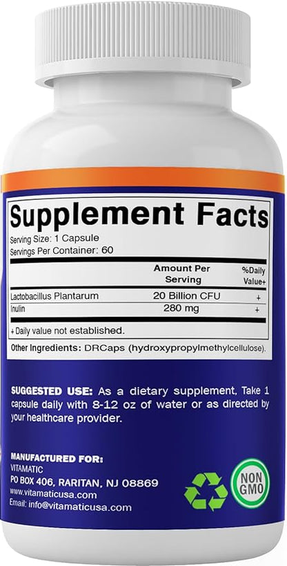 Vitamatic Lactobacillus Plantarum - 20 Billion per DR Capsule - 60 Count - Digestive Support - Made with Prebiotic Inulin Fiber