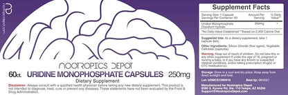 Nootropics Depot Uridine Monophosphate Capsules | Disodium Salt (60 Count) Cognitive Enhancer* | Nootropic | Choline Precursor